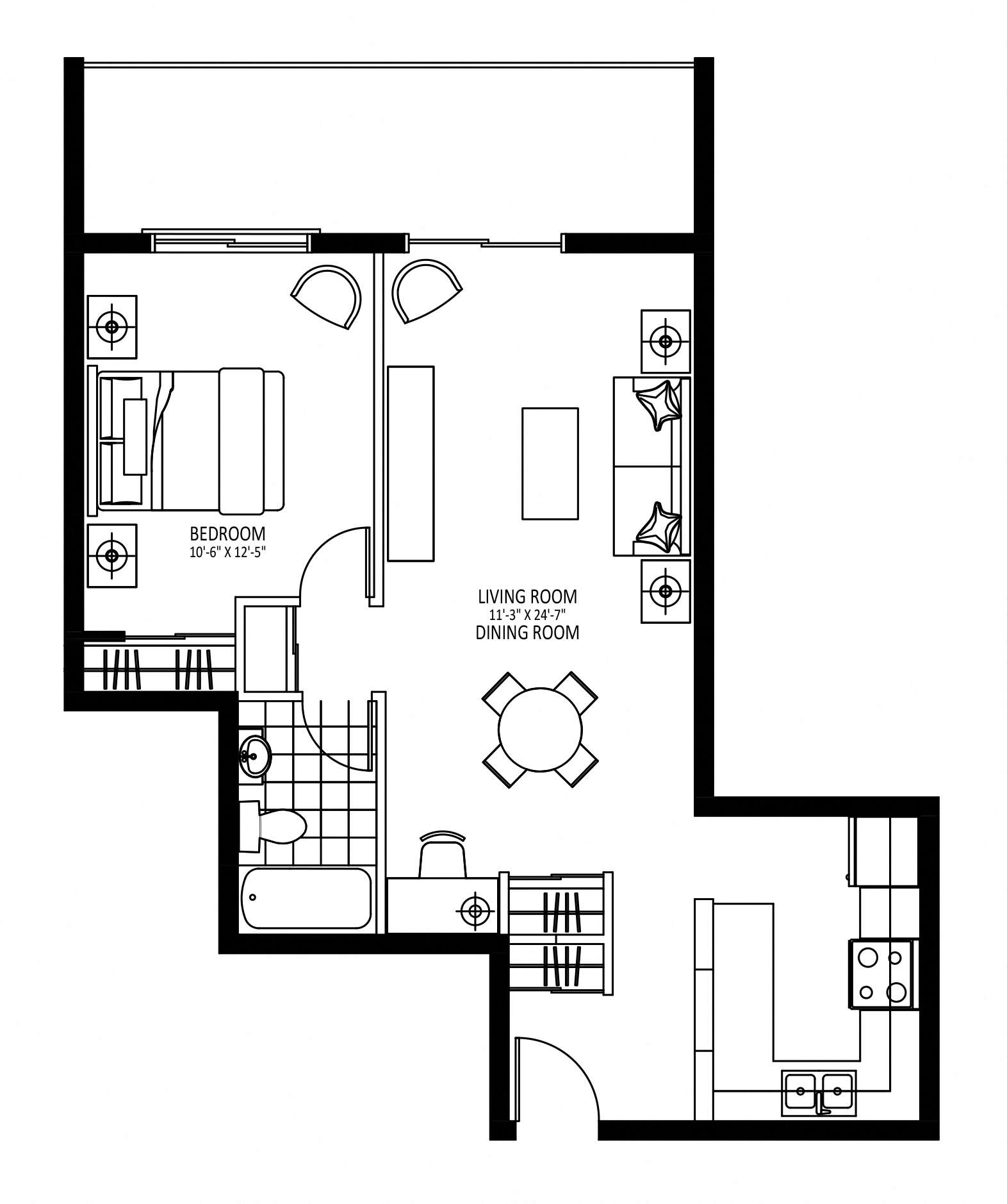 Floor plan for 1 bed, 1 bath, 650 sqft